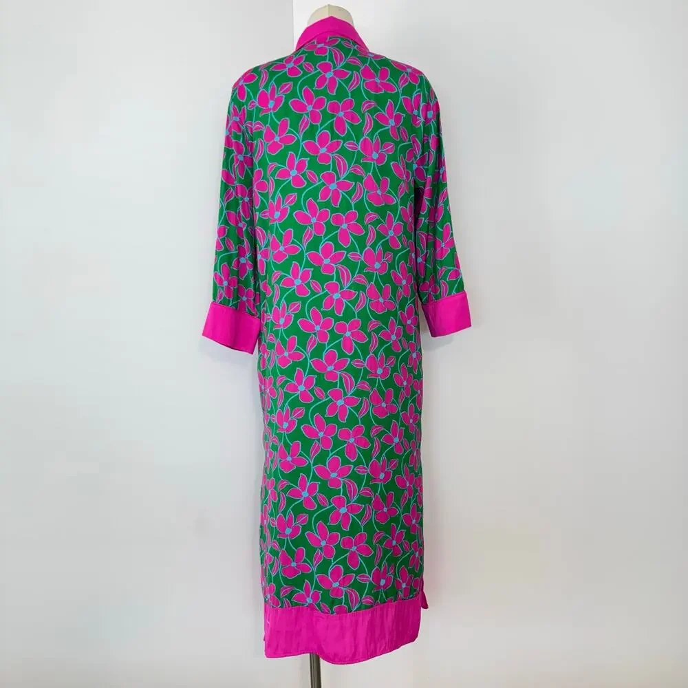 Kate Spade Floral Vines Sleep Shirt Pajama Lounge Dress Robe Kaftan Green/Pink M